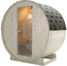 Fasssauna aus Holz mit Dachschindeln und Glastür