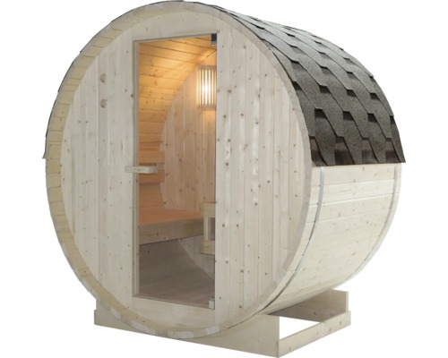 Fasssauna aus Holz mit Dachschindeln und Glastür