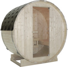 Fasssauna aus Holz mit Tür und Schindeldach