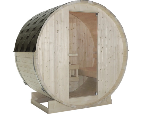 Fasssauna aus Holz mit Tür und Schindeldach