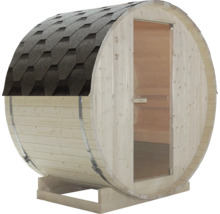 Fasssauna aus Holz mit Dachschindeln