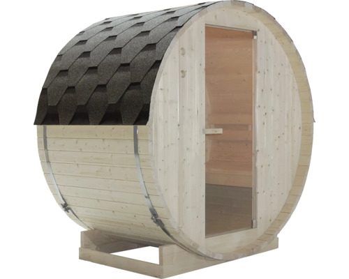 Fasssauna aus Holz mit Dachschindeln