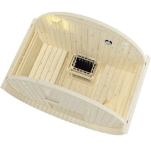 Innenansicht einer Holzfasssauna mit Ofen, Lampe und Messgerät