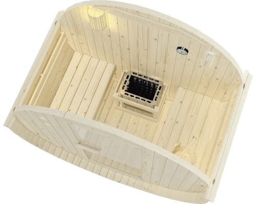 Innenansicht einer Holzfasssauna mit Ofen, Lampe und Messgerät