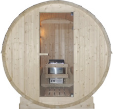 Fasssauna mit Saunaofen und Glastür