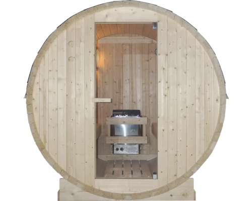 Fasssauna mit Saunaofen und Glastür