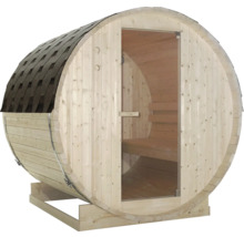 Fasssauna mit Glastür und Schindeldach