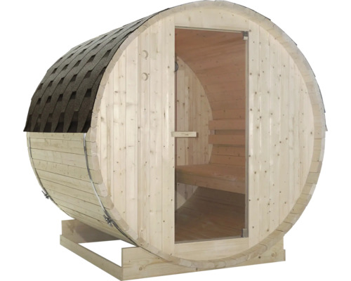 Fasssauna mit Glastür und Schindeldach