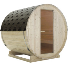 Fasssauna aus Holz mit Tür und Dachschindeln