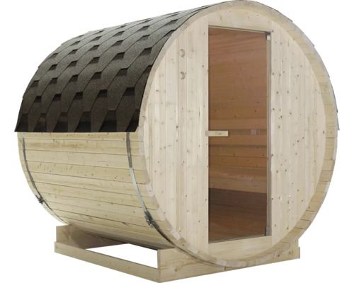 Fasssauna aus Holz mit Tür und Dachschindeln