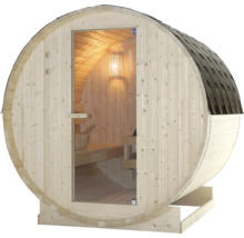 Fasssauna mit Glastür und Dachschindeln