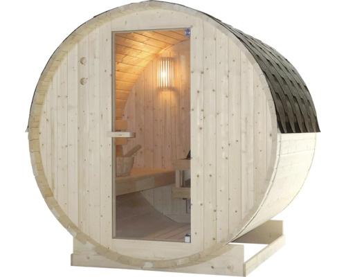 Fasssauna mit Glastür und Dachschindeln