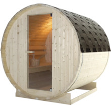 Fasssauna mit Glastür und Bitumenschindeln
