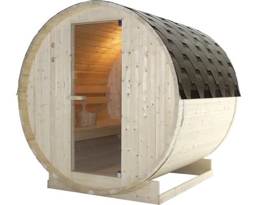 Fasssauna mit Glastür und Bitumenschindeln