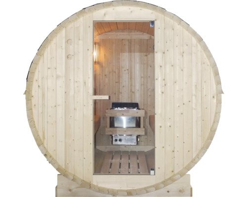 Fasssauna mit Glastür und Saunaofen