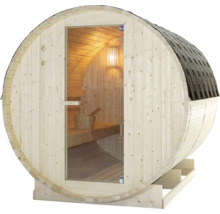 Fasssauna mit Glastür und Schindeldach