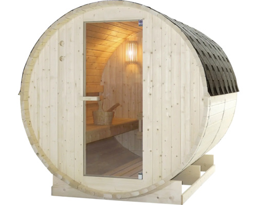 Fasssauna mit Glastür und Schindeldach