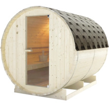 Fasssauna aus Holz mit Glastür und Bitumendachschindeln