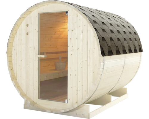 Fasssauna aus Holz mit Glastür und Bitumendachschindeln