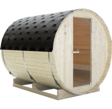 Fasssauna aus Holz mit Tür und Dachschindeln