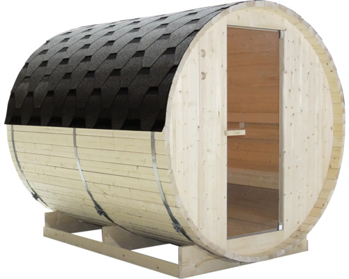 Fasssauna aus Holz mit Tür und Dachschindeln