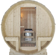 Fasssauna mit Ofen und Holzbänken