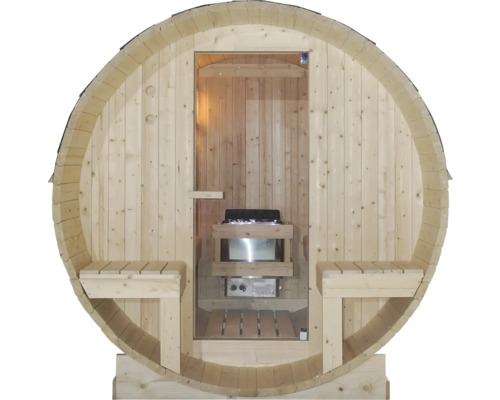 Fasssauna mit Ofen und Holzbänken