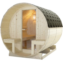 Fasssauna aus Holz mit Glastür und Sitzbänken