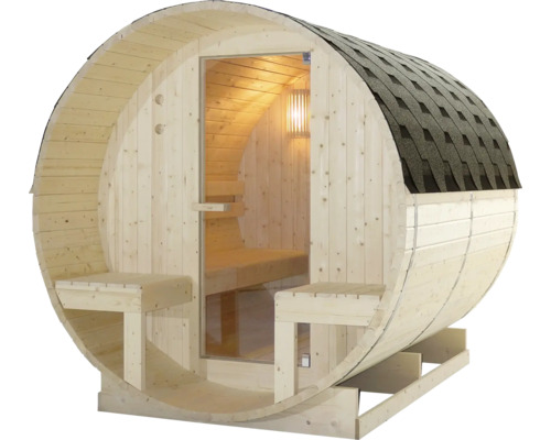 Fasssauna aus Holz mit Glastür und Sitzbänken