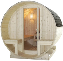 Fasssauna aus Holz mit Glastür und Bänken