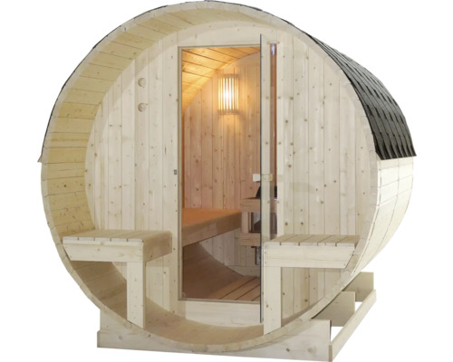 Fasssauna aus Holz mit Glastür und Bänken