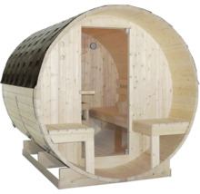 Fasssauna aus Holz mit Glasfronttür und Sitzbänken