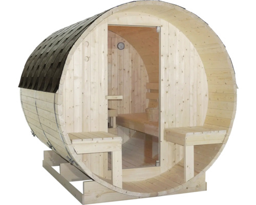 Fasssauna aus Holz mit Glasfronttür und Sitzbänken