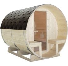 Fasssauna aus Holz mit Dachschindeln und Glastür