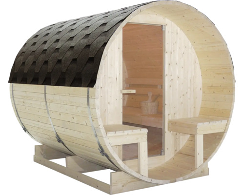 Fasssauna aus Holz mit Dachschindeln und Glastür