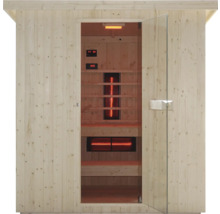 Innenansicht einer Infrarotsauna mit offener Glastür