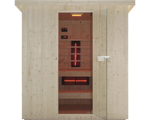 Innenansicht einer Infrarotsauna mit offener Glastür