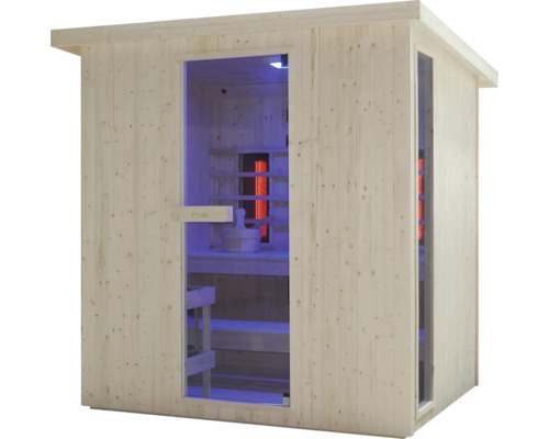 Holzsauna mit Glastür und Infrarotstrahlern
