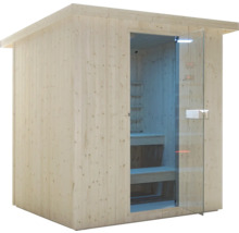 Sauna aus Holz mit Glastür