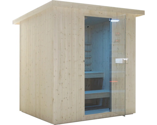 Sauna aus Holz mit Glastür