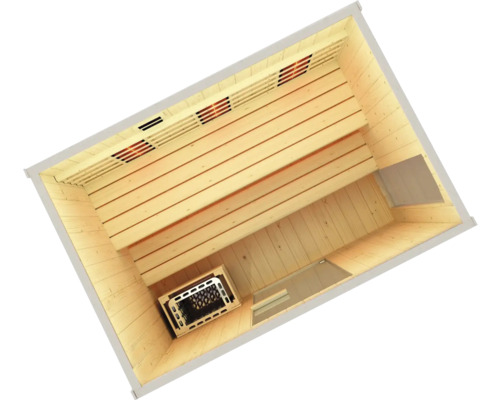 Innenansicht einer Sauna mit Holzbänken und Saunaofen