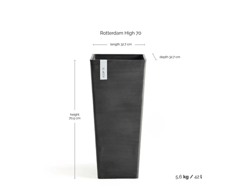 Pflanzkübel Rotterdam High 70, quadratisch, hoch, Maße 32,7 mal 32,7 mal 70,5 Zentimeter, Volumen 42 Liter, Gewicht 5,6 Kilogramm, Ecopots Logo.
