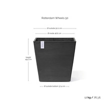 Ecopots Pflanzkübel Rotterdam Wheels 50 dunkelgrau, Höhe 49,5 Zentimeter, Breite oben 50,2 Zentimeter, unten 37,4 Zentimeter, 76,3 Liter, 12 Kilogramm.