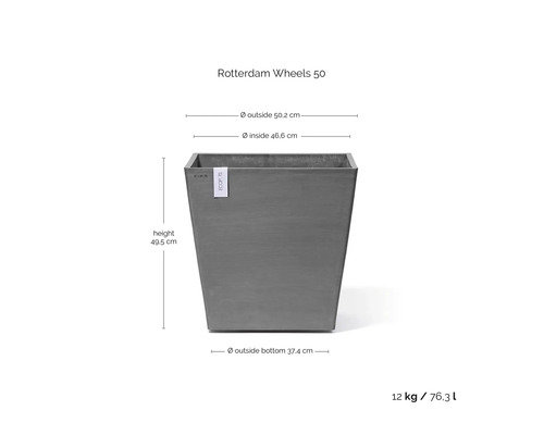 Grauer quadratischer Pflanzkübel ECOPOTS Rotterdam Wheels 50 mit Maßen: Höhe 49,5 Zentimeter, Breite 50,2 Zentimeter, Volumen 76,3 Liter.