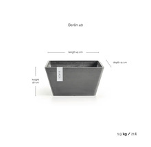 Ecopots Berlin 40 Pflanzkübel grau, Länge 41 Zentimeter, Tiefe 41 Zentimeter, Höhe 18 Zentimeter, Volumen 21 Liter, Gewicht 1,9 Kilogramm.