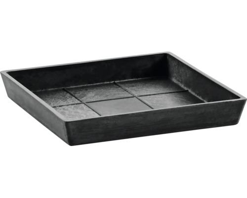 Quadratischer Untersetzer für Pflanzkübel aus Kunststoff in Steinoptik.
