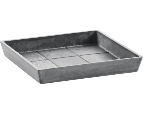 Quadratischer Untersetzer für Pflanztöpfe aus Kunststoff mit Steinoptik.