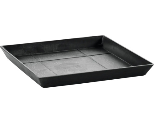 Quadratischer Untersetzer aus Kunststoff für Pflanzgefäße.