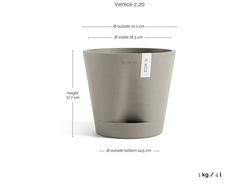 Ecopots Venice 2 20 Blumentopf mit Ecopots Logo: Höhe 17,7 Zentimeter, Durchmesser oben 20,1 Zentimeter, unten 14,5 Zentimeter, 4 Liter, 1 Kilogramm.
