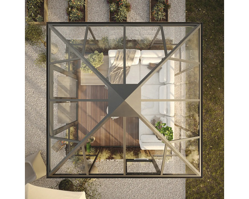 Draufsicht eines Gartenpavillons mit Glaswänden, Holzterrasse und Sitzmöbeln